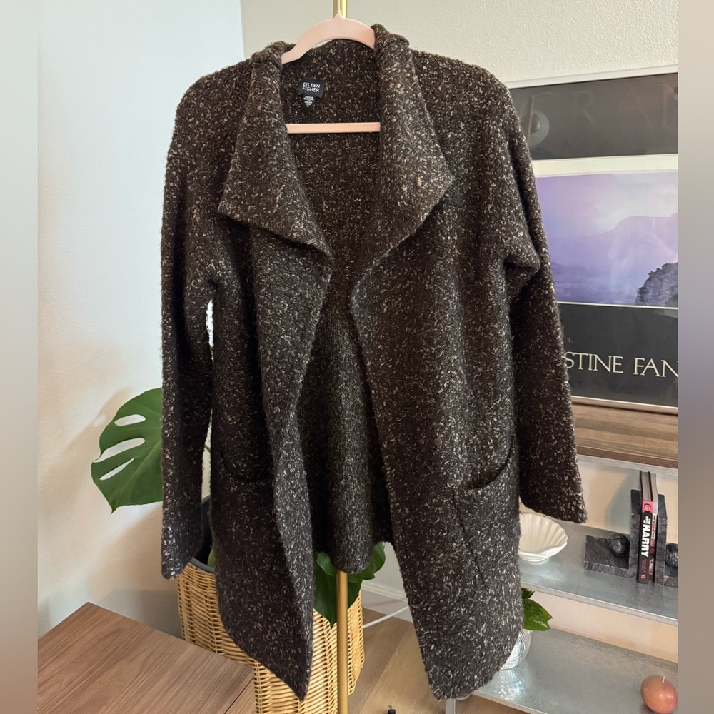 Eileen Fisher Dark Brown Bouclé Open Cardigan